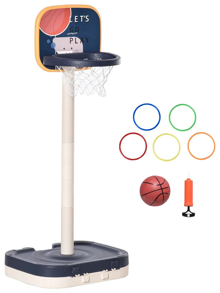 Cesto de Basquetebol Infantil 2 em 1 Portátil com Jogo de Lançamento de Anéis Altura Ajustável 96-110cm e Acessórios Incluidos 58,5x56x137cm