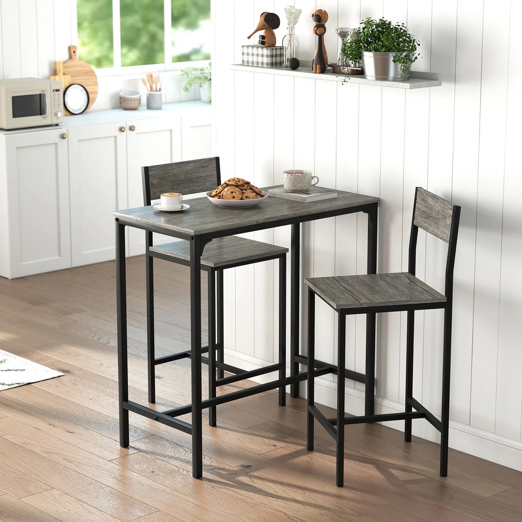 Conjunto de mesa de bar com bancos, mesa de jantar alta com 2 cadeiras de bar, apoios para os pés e encostos, cinzento