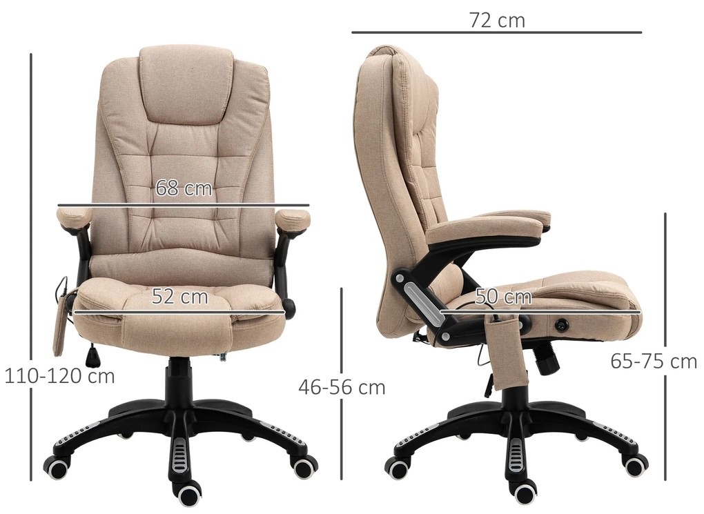 Cadeira de Escritório com 6 Pontos de Massagem Reclinável até 130° com Função de Aquecimento 68x72x110-120 cm Castanho Claro
