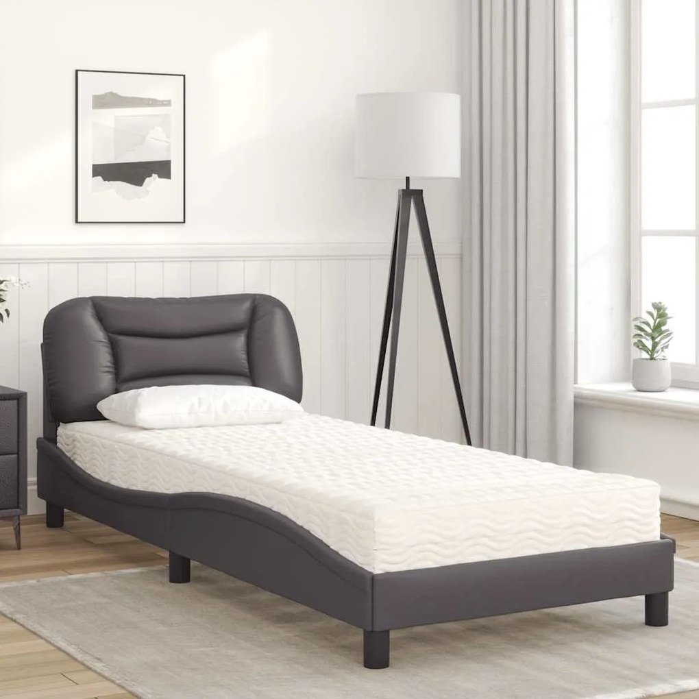 Cama com colchão 90x200 cm couro artificial cinzento