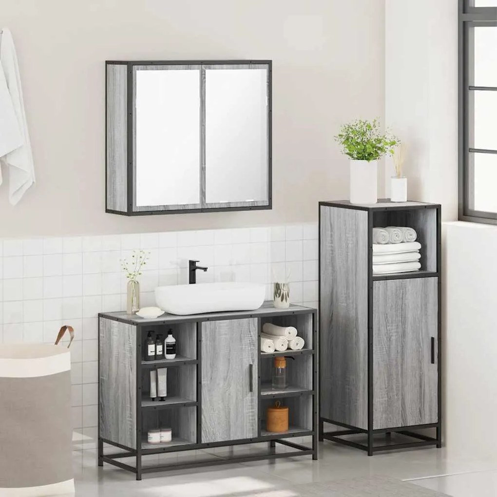 3 pcs Conjunto móveis casa de banho madeira proc. cinza sonoma