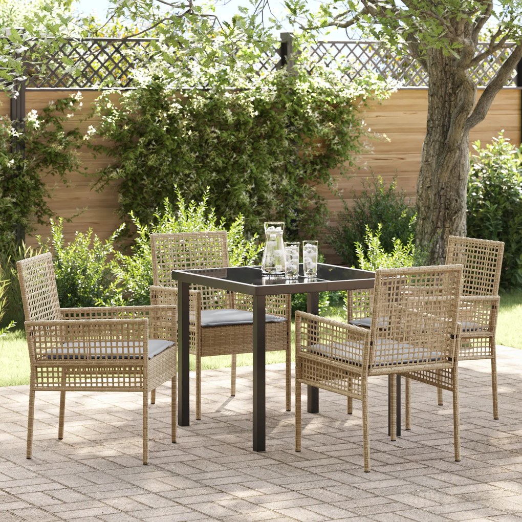vidaXL Conjunto de Jantar de 5 Peças com Almofadas Bege Rattan Poliéster
