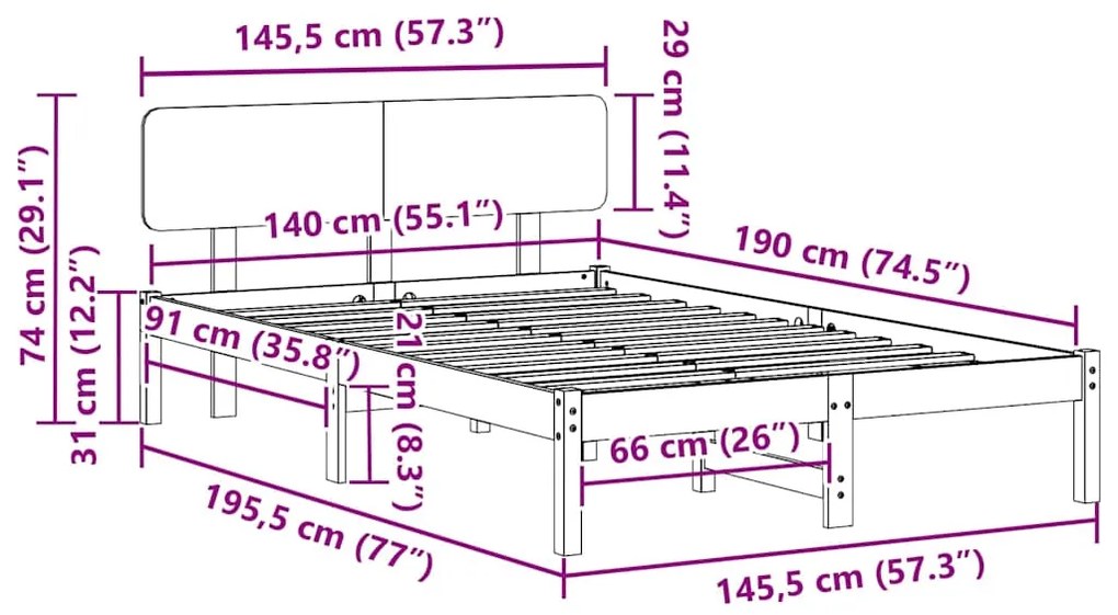 Cama com cabeceira 140x190 cm em madeira de pinho