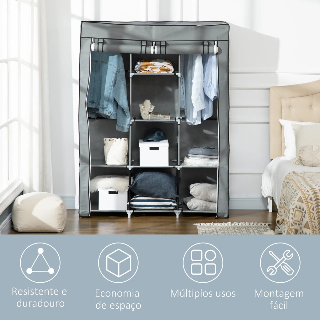 HOMCOM Roupeiro de Tecido Dobrável Armário Portátil com 8 Prateleiras de Armazenamento e 2 Barras de Pendurar Organizador de Roupa para Dormitório Vestidor 125x43x162,5cm Cinza Claro