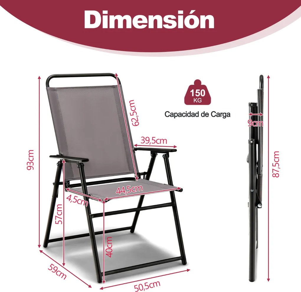 Conjunto de 2 cadeiras dobráveis para jardim exterior com braços e encosto Estrutura triangular para varanda Jardim Cinzentas