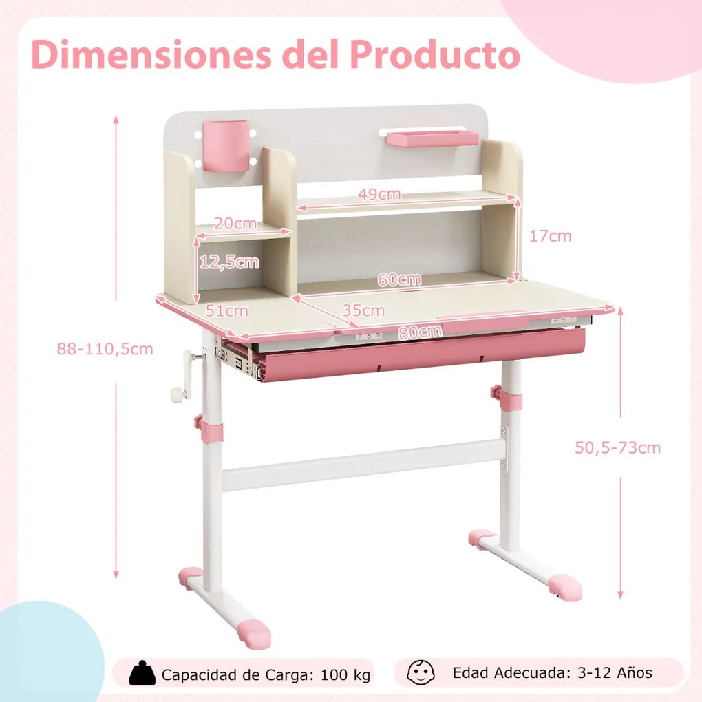 Secretária Infantil 80 x 51 x 88-110,5 cm com Altura Ajustável, Inclinável Gaveta Bandeja Estantes para Casa Escola Rosa