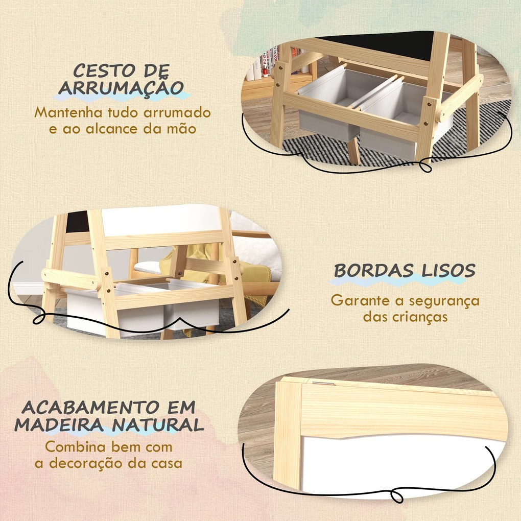 Cavalete para Crianças 3 em 1 com Quadro preto e Quadro Branco para Desenhos com Rolo de Papel 58x50,5x109 cm Madeira