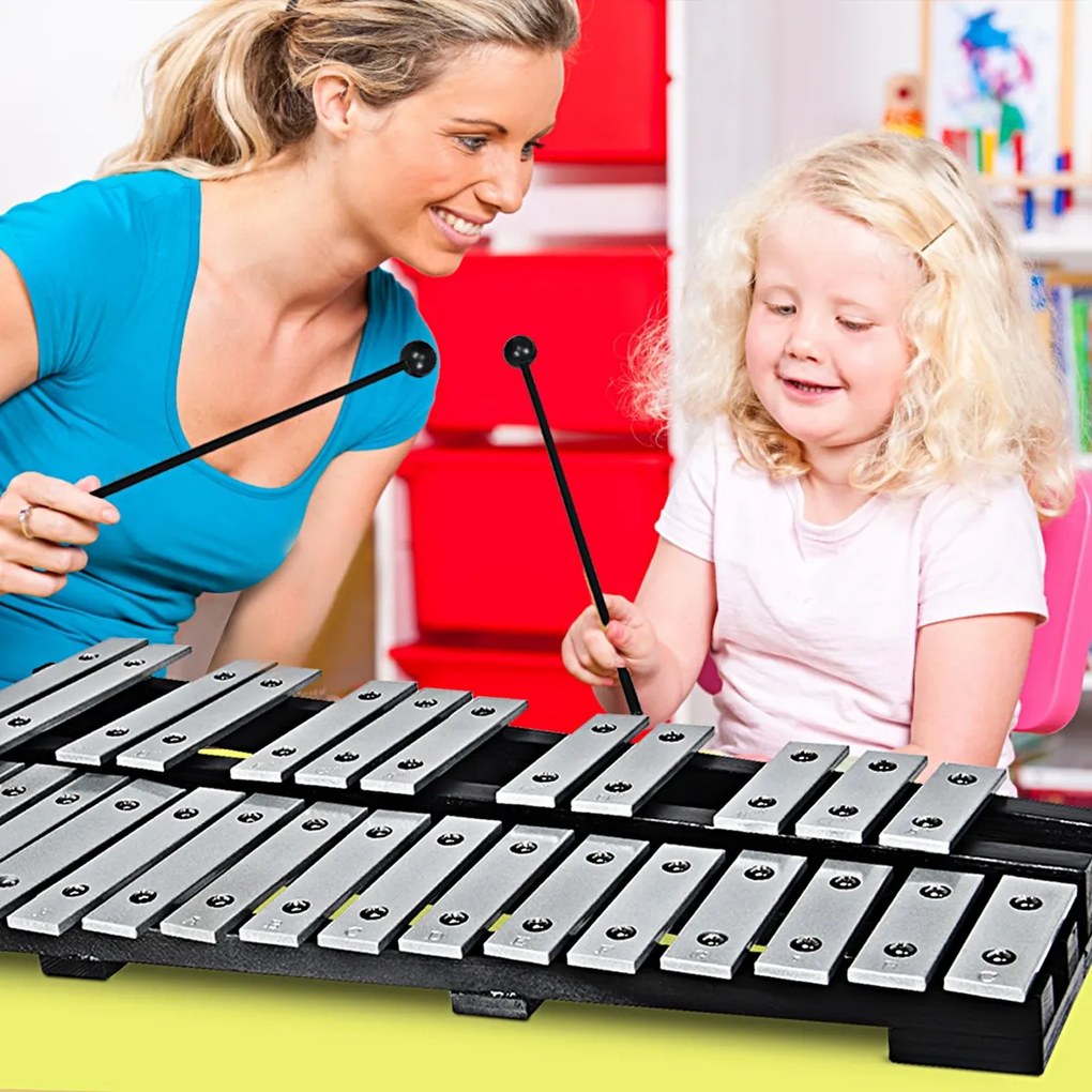 Xilofone Glockenspiel de 27 notas com base de madeira para crianças