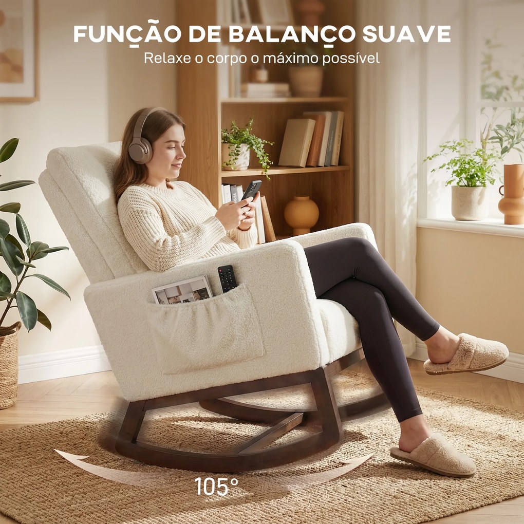 Cadeira de Baloiço com Almofada Lombar Estofada em Franela Neve Encosto Alto Base em Madeira e Bolsos Laterais Creme