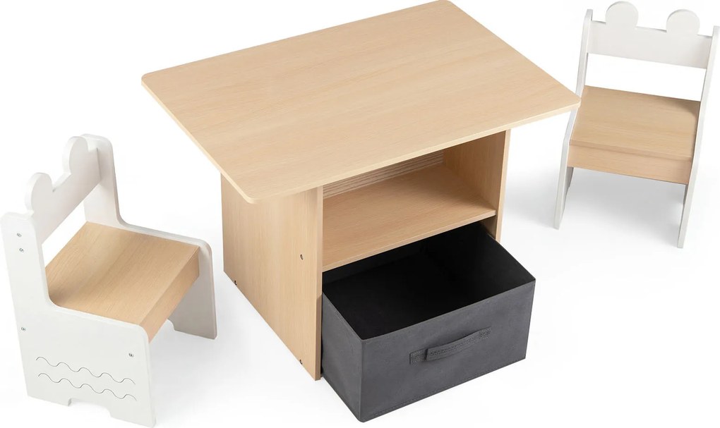 Conjunto de mesa e 2 cadeiras infantis; mesa de atividades com gavetas; tecido; dobrável; compartimentos de arrumação; para crianças a partir dos 3 an