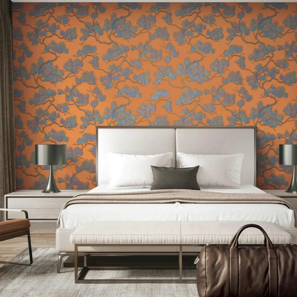 437400 DUTCH WALLCOVERINGS Papel de parede efeito pinheiros azul e laranja
