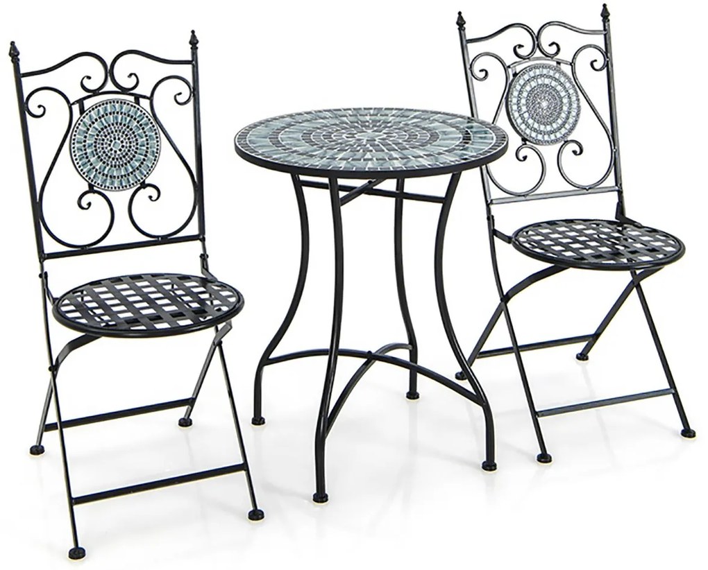 Conjunto Bistro Mesa redonda e 2 cadeiras dobráveis com padrão de mosaico Estrutura metálica robusta para utilização no interior e no exterior Cinzent