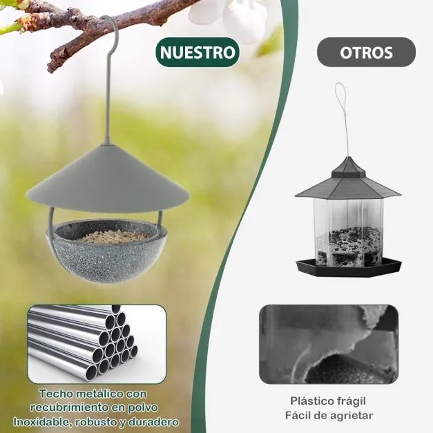 Alimentador de pássaros metálico suspenso 2 em 1 com cúpula à prova de intempéries, gancho e reservatório de água Natural