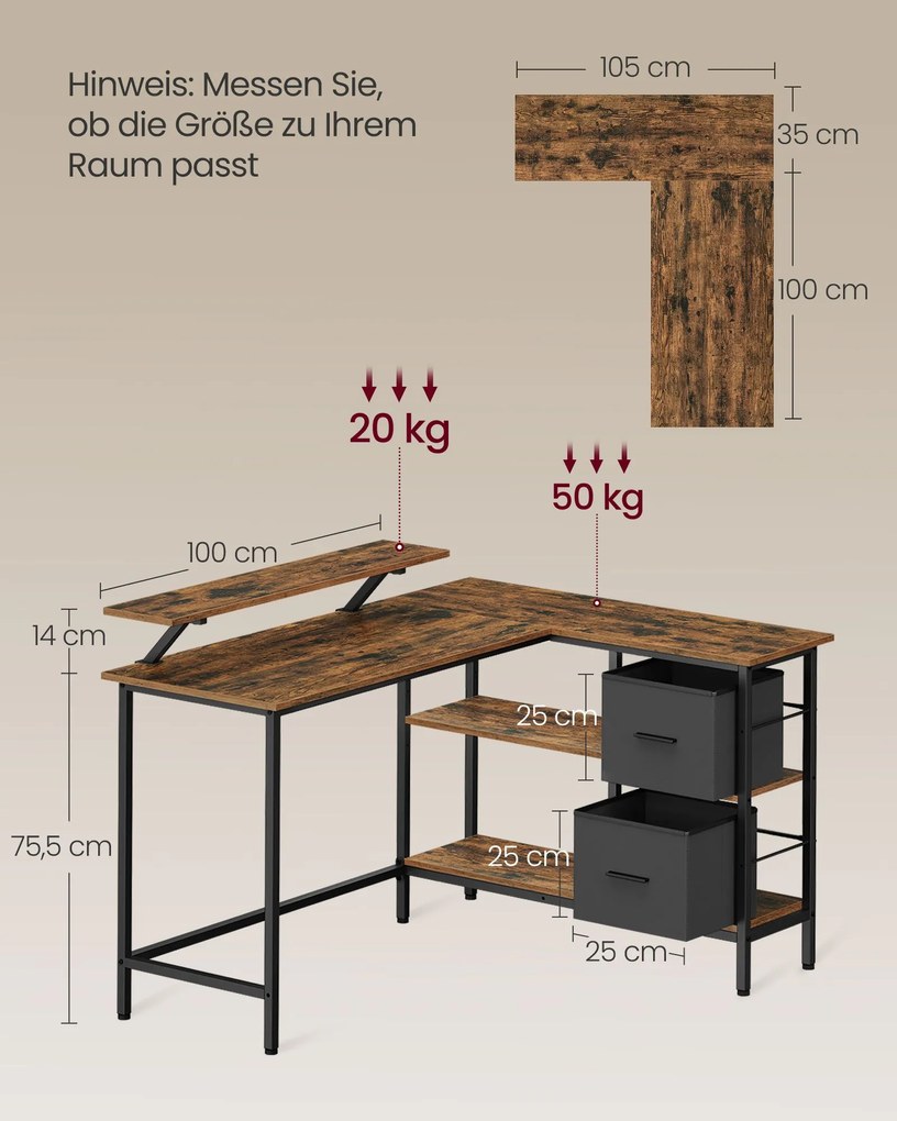 Secretária em forma de L com 2 gavetas 135 x 105 cm Castanho vintage
