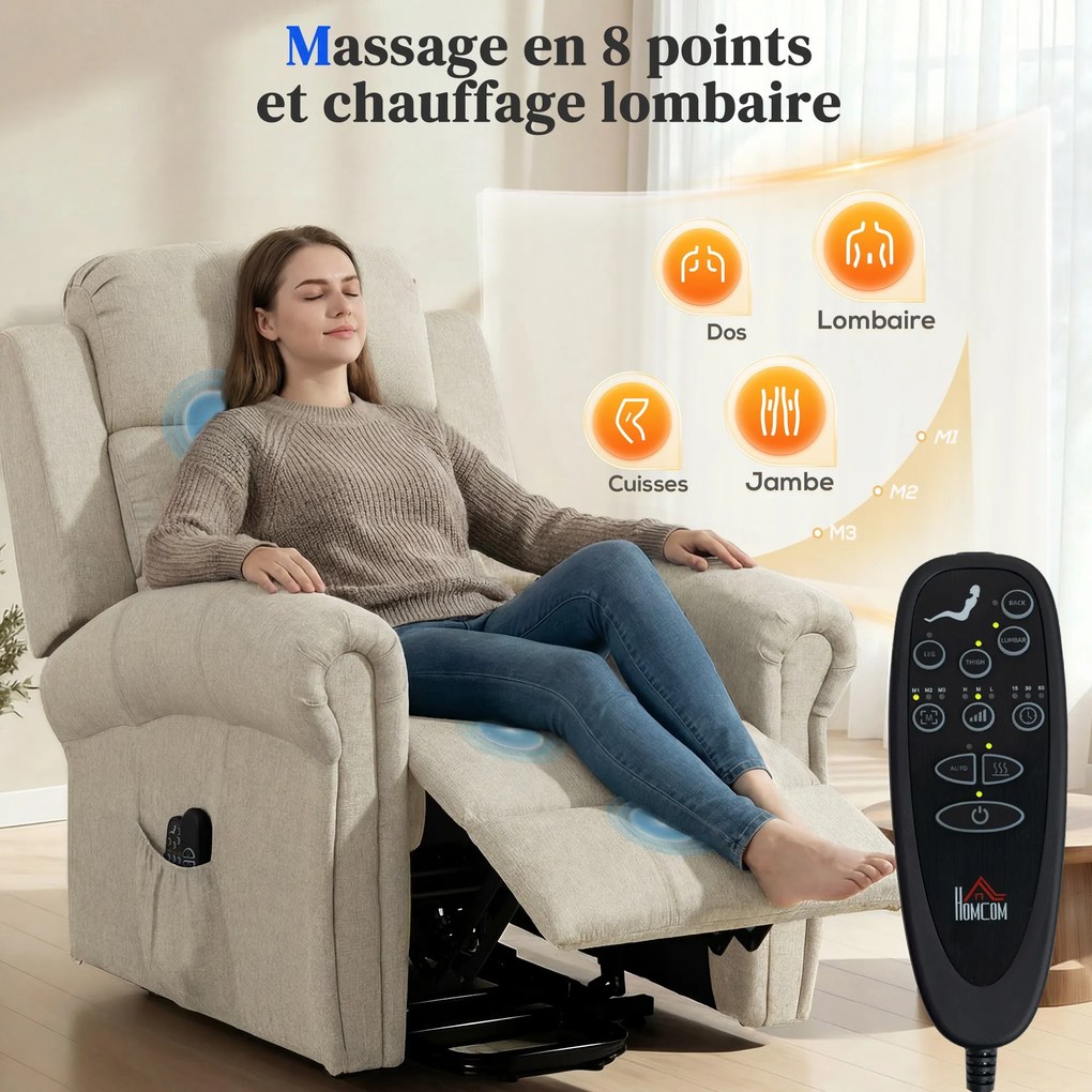 Poltrona elevatória elétrica, poltrona relaxante elétrica com função de massagem e aquecimento, 87 x 87,5 x 108 cm, bege