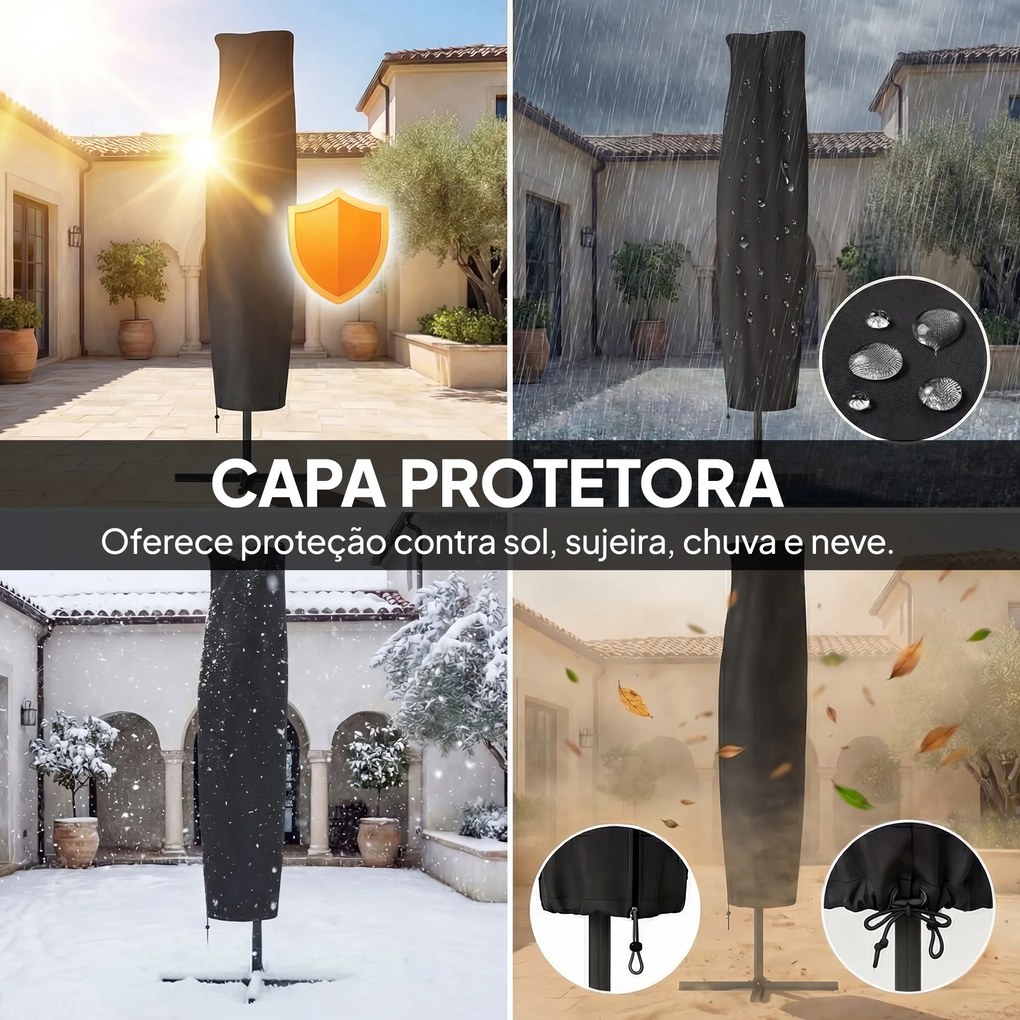 Chapéu de Sol Excêntrico com Luzes LED Solares Ø345 cm Base Cruzada Manivela Capa Protetora Azul