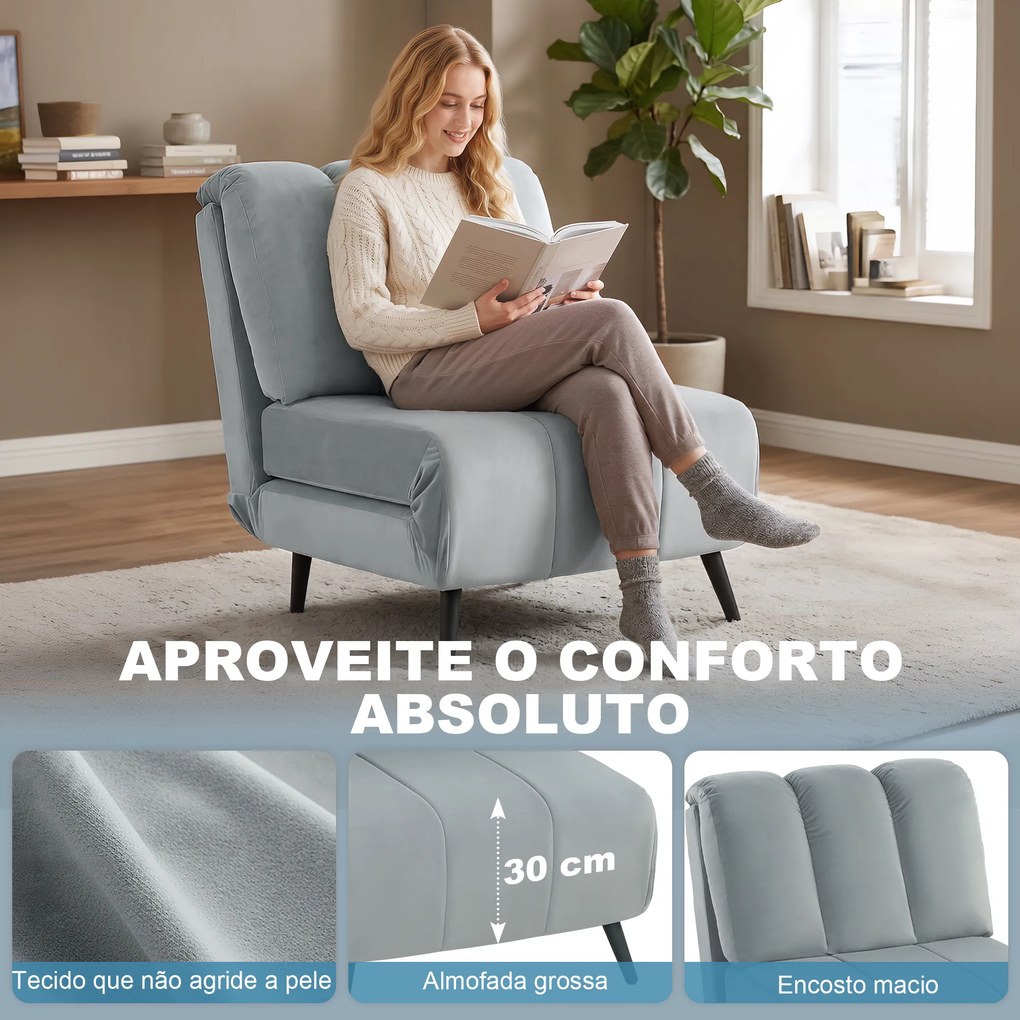 Sofá-Cama Individual 3 em 1 Dobrável com Encosto Ajustável e Almofada Espessa para Sala 72x88x87 cm Cinzento