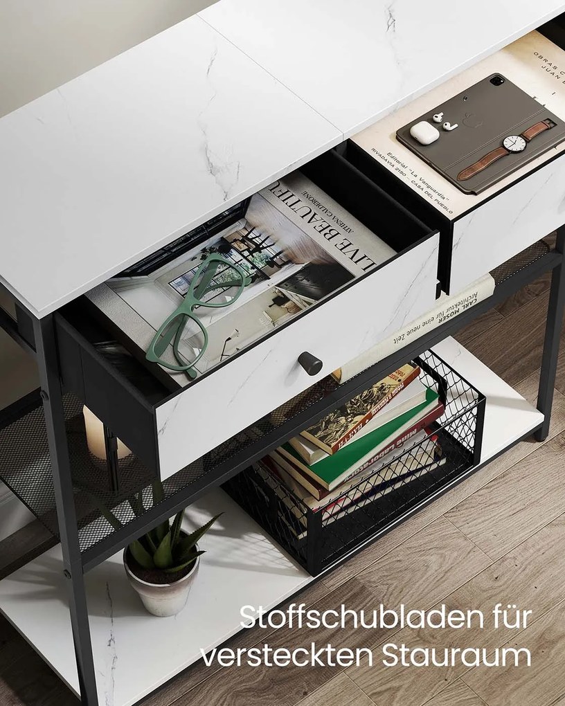 Mesa consola estreita com duas gavetas em tecido 24 x 76 x 80 cm Branco + Preto