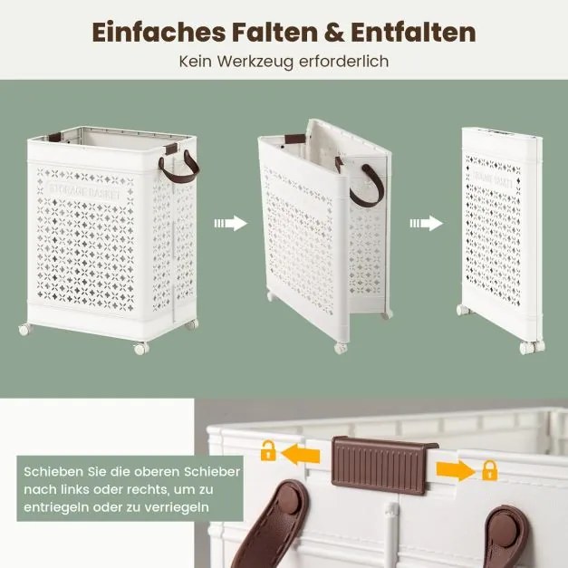 Cesto de roupa de 75L com rodas, coletor de roupa que economiza espaço, recipiente de armazenamento branco