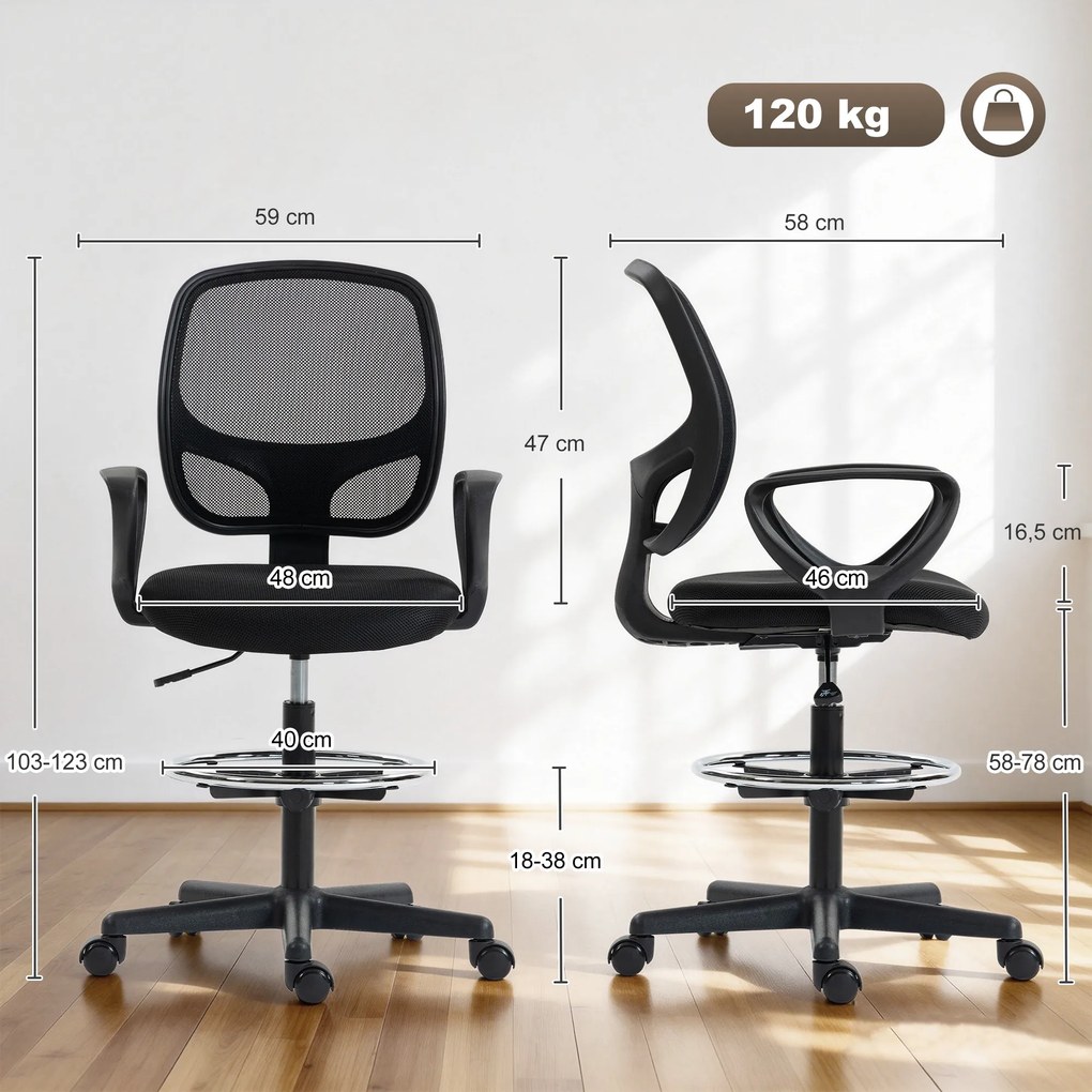 Cadeira de escritório ergonómica, cadeira de escritório com apoio para os pés e braços, altura ajustável, 59 x 58 x 103-123 cm, preta