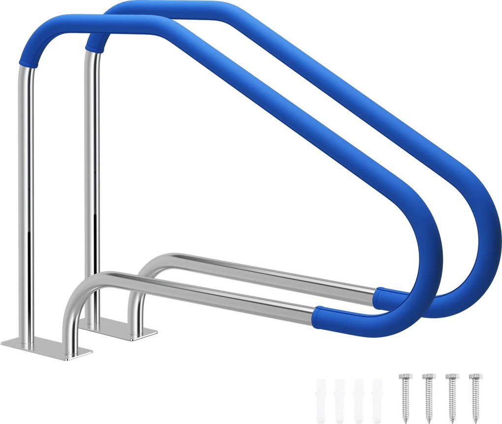 Conjunto de 2 corrimões de piscina em aço inoxidável com capa antiderrapante e base de instalação rápida para interior e exterior