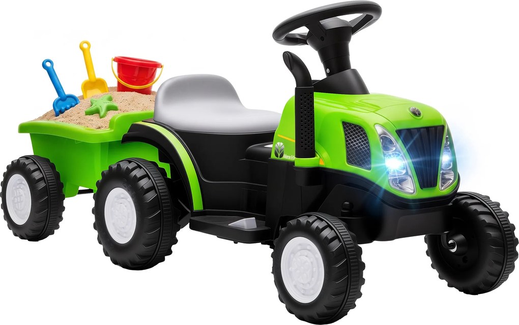 AIYAPLAY Trator Elétrico para Crianças 6V com Reboque Amovível, Luzes, Música, Buzina e Pedal, 2,5 km/h, Verde, 1-3 Anos | Aosom Portugal