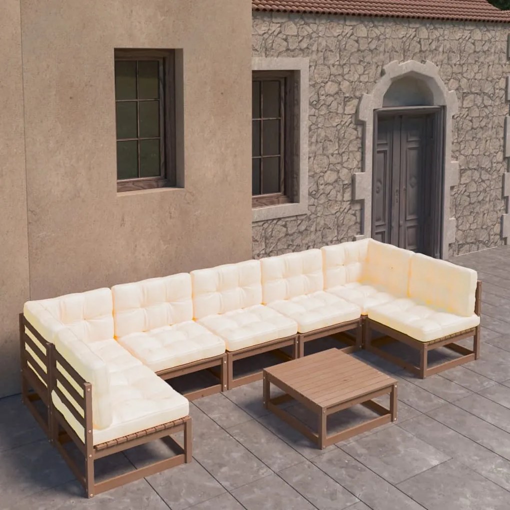 vidaXL 8 pcs conj. lounge jardim almofadões pinho maciço castanho mel