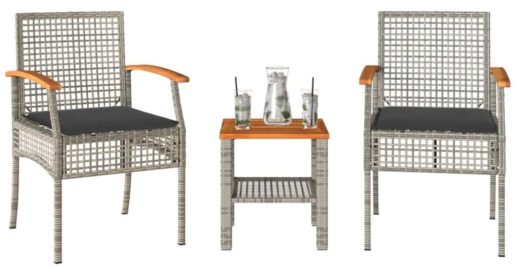 Conjunto de bistrô com almofadões 3 pcs vime PE e acácia cinza