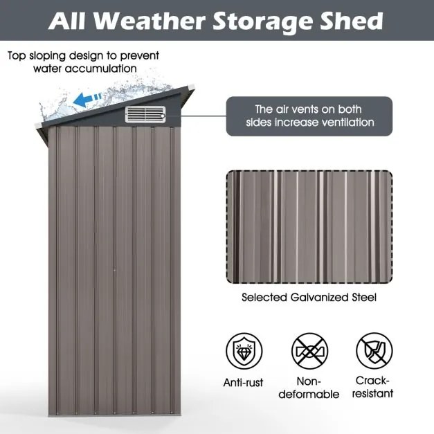 Abrigo para jardim 150 x 88 x 185 cm com telhado inclinado, portas com fechadura, ventilação, cinzento escuro