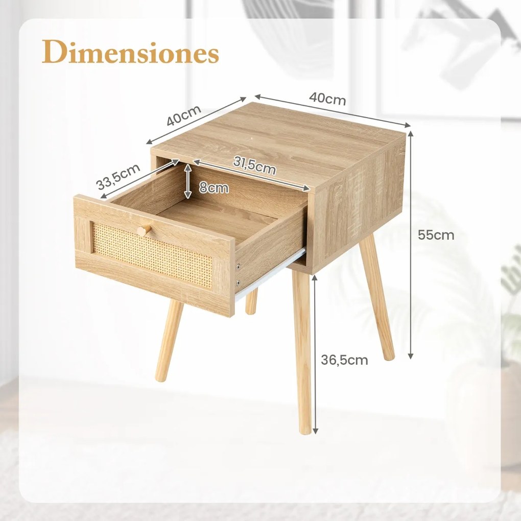 Mesa-de-cabeceira Boho com decoração em vime tecido à mão para quarto e sala de estar 40 x 40 x 55 cm Natural
