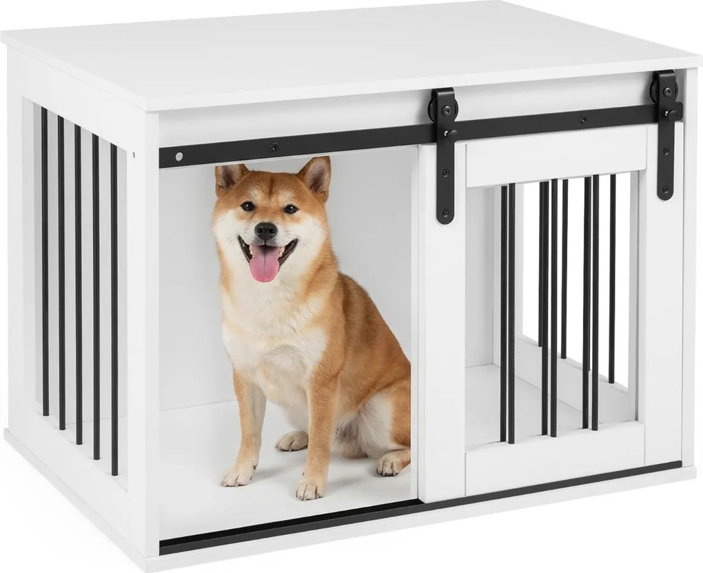 Gaiola para cães 80 x 54 x 57 cm com porta de correr, estilo celeiro, Estrutura metálica com acabamento em madeira, para cães de pequeno e médio porte