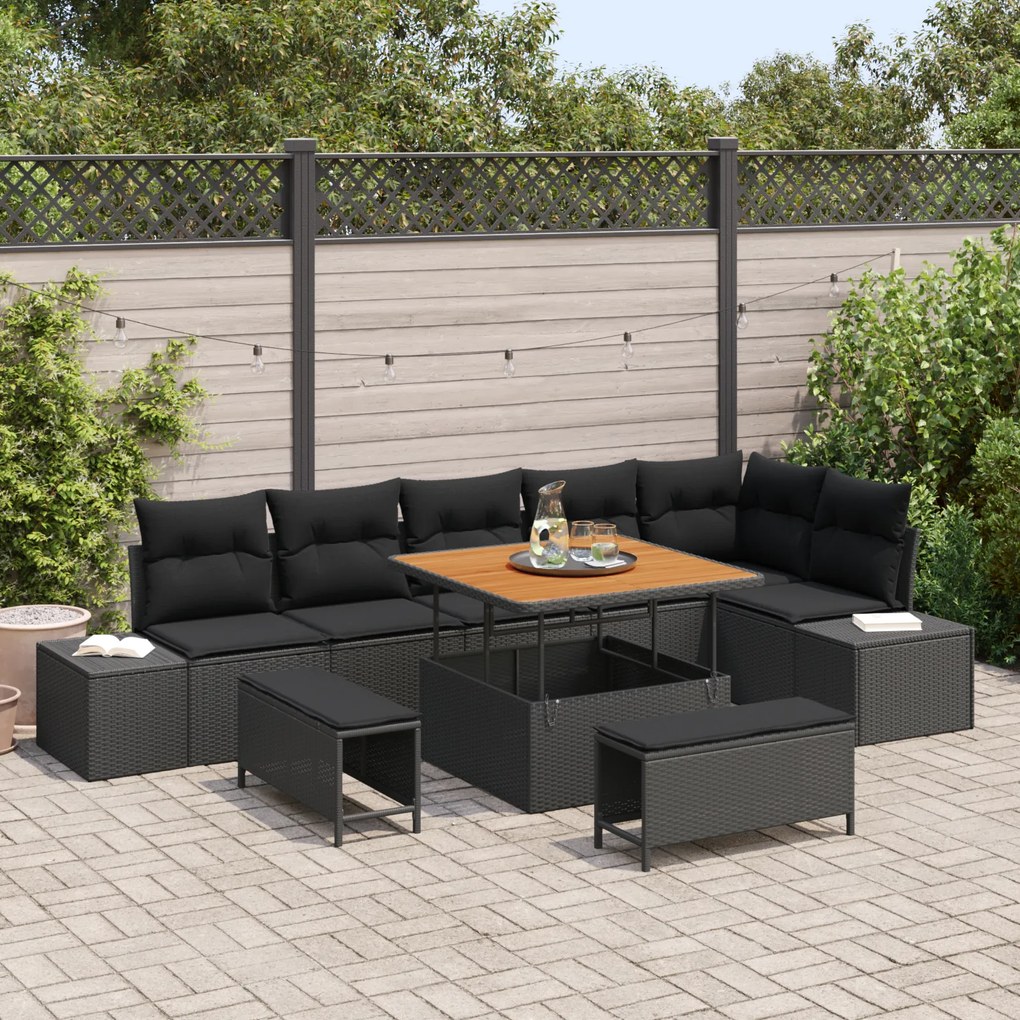 Conjunto de Sofás de Jardim com 9 Peças e Almofadas Preto Rattan Polimérico Aço