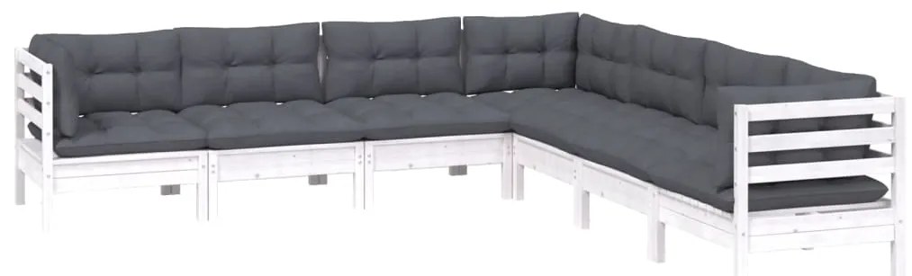 7 pcs conj. lounge de jardim c/ almofadões pinho maciço branco