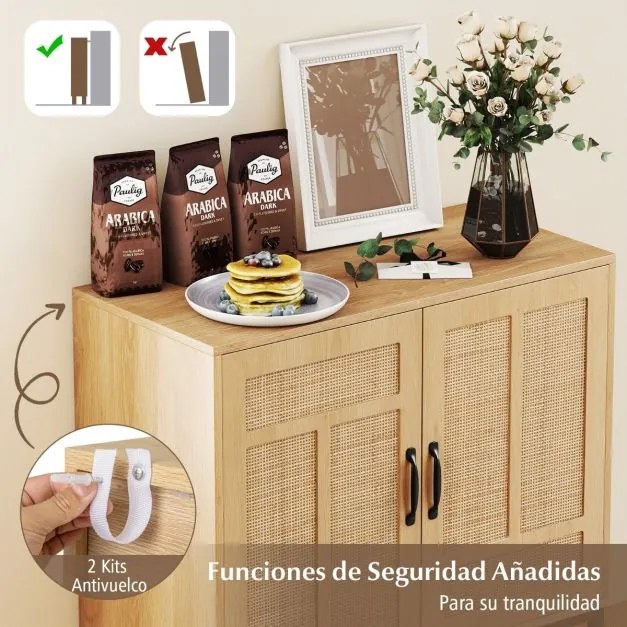 Aparador 80 x 38 x 81 cm com 2 portas em rattan natural, prateleira ajustável em 3 posições, pés metálicos natural