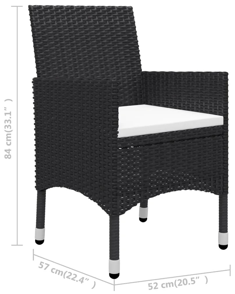 3 pcs conjunto jantar p/ jardim vime PE e vidro temperado preto