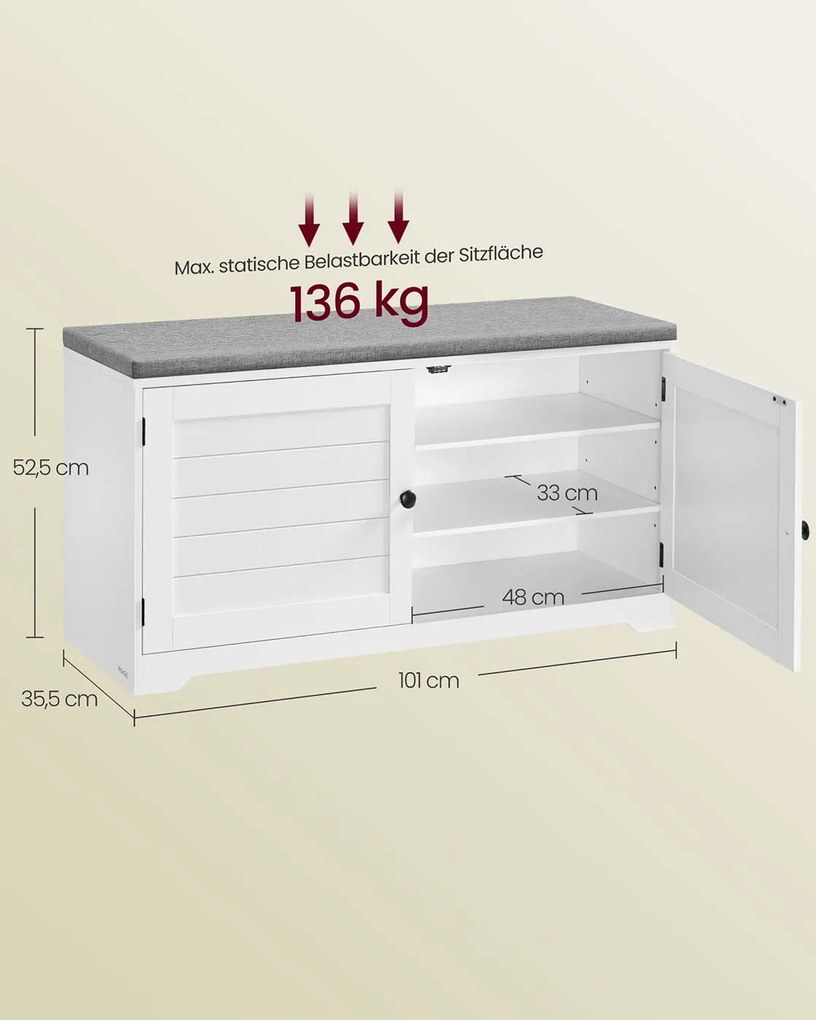Banco para sapatos com espaço de arrumação 35,5 x 101 x 52,5 cm, portas, almofadas de assento e prateleiras ajustáveis Branco e cinzento