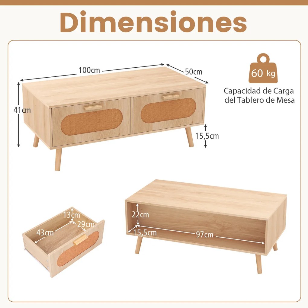 Mesa de centro em rattan 100 x 50 x 41 cm moderna com 2 gavetas e compartimento traseiro retangular com pernas de madeira para sala de estar Natural