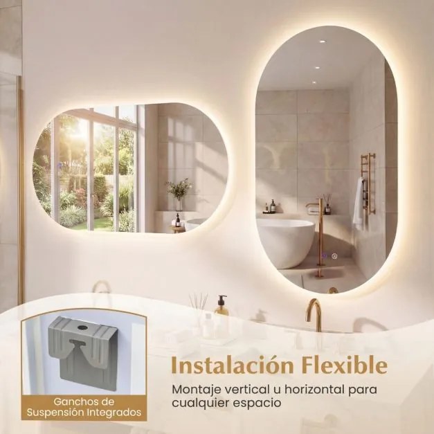 Espelho 80x50 cm ovalado iluminado de parede para casa de banho com retroiluminação LED 3 modos de cor ajustável antiembaciamento vidro temperado HD s