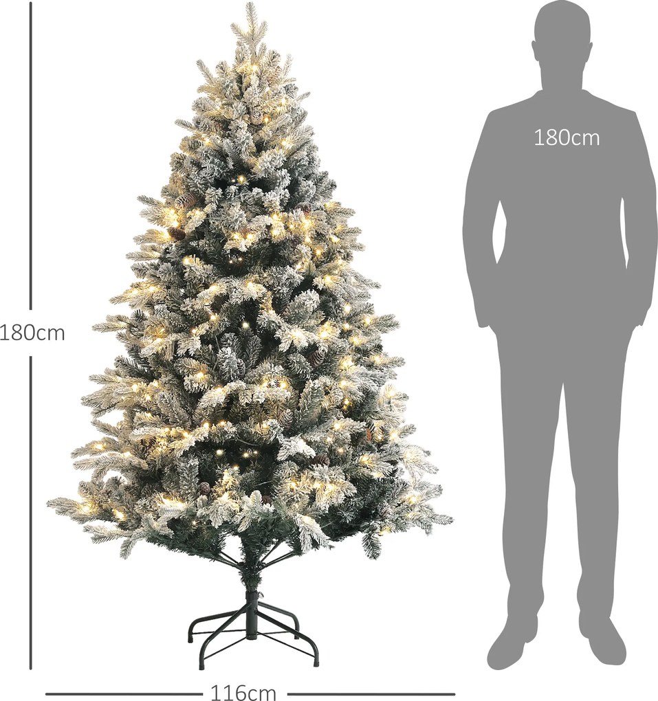 Árvore de Natal artificial de 180 cm com luzes LED, 793 ramos cobertos de neve com grande realismo, suporte dobrável em aço, verde