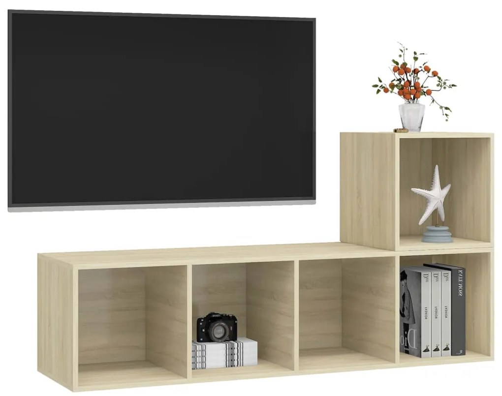 2 pcs conjunto de móveis de TV contraplacado carvalho sonoma