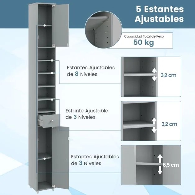 Armário de casa de banho alto e fino com gaveta e 5 armarios ajustáveis 20 x 20 x 180 cm Cinzento