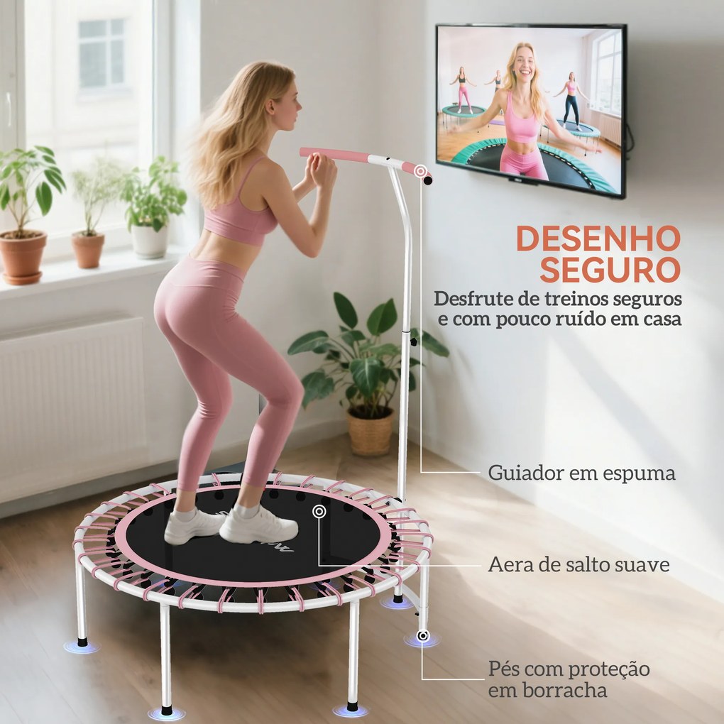 Trampolim de Fitness Adultos Ø102 cm com Pega Ajustável de 5 Níveis Estrutura em Aço para Treino de Pernas Corpo Rosa