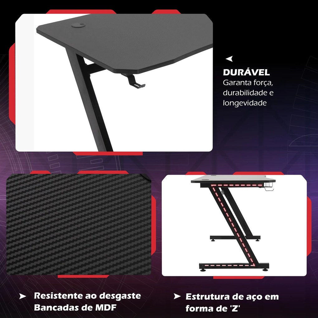Secretária tipo gaming mesa de escritório com suporte para copos gancho e pés ajustáveis 120x65x74,5 cm preto