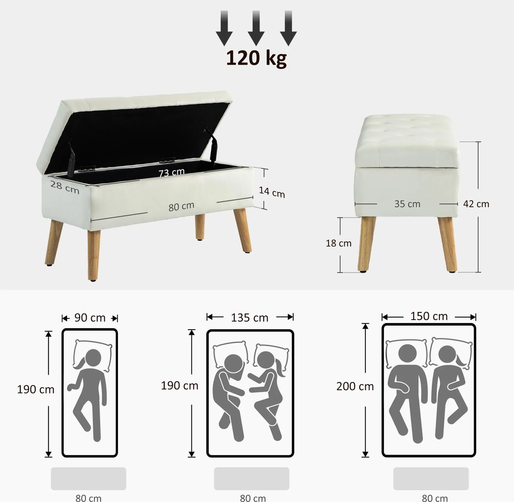 Banco com arrumação, baú de arrumação em tecido com efeito veludo 80 x 35 x 42 cm, pés em madeira creme