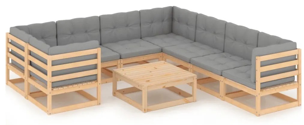 9 pcs conjunto lounge de jardim c/ almofadões pinho maciço