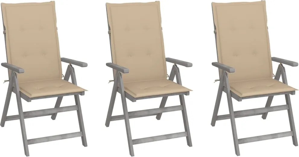 vidaXL Cadeiras jardim reclináveis c/ almofadões 3 pcs acácia maciça