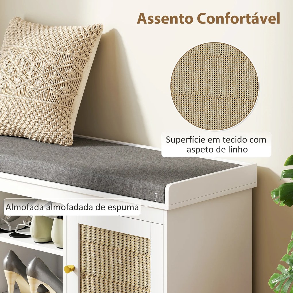 Banco Sapateira com Assento Acolchoado Portas em Vime e Prateleira Aberta para 9 Pares de Sapatos 105x35x47 cm Branco