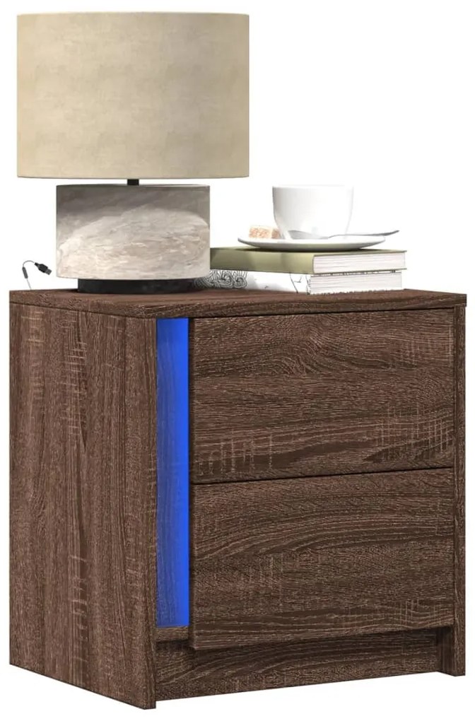 vidaXL Mesa cabeceira c/ luzes LED derivados madeira carvalho castanho