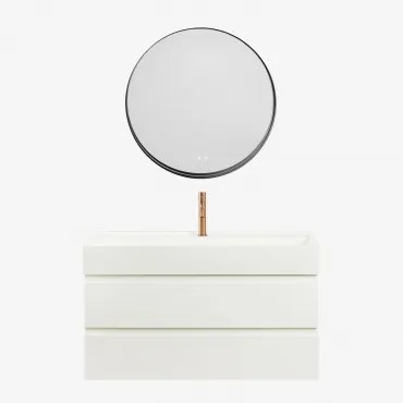 Conjunto De Móvel De Casa De Banho Suspenso Em Madeira E Folha De Freixo Com Lavatório Integrado Ona Branco & Redondo Led - Sklum