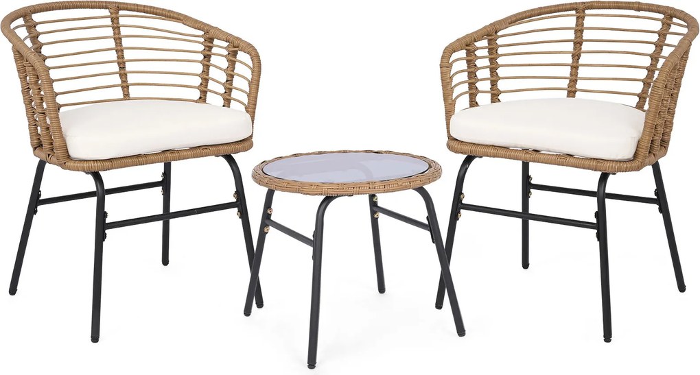 Conjunto jardim de rattan PE para exterior com almofadas macias, Estrutura metálica e tampo em vidro temperado para pátio ou terraço, cor bege